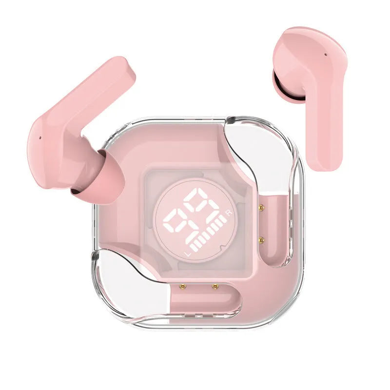 Wireless TWS Bluetooth headphones in five colours: white, black, pink, blue, and green, showcasing in-ear design.