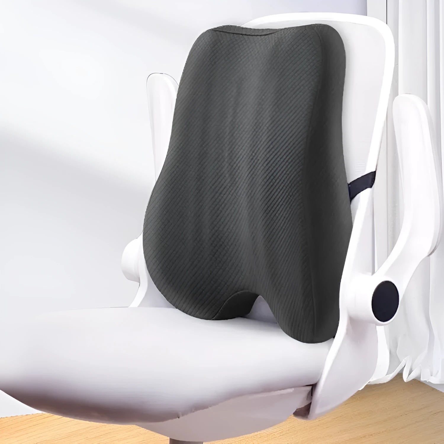 Grey lumbar support cushion for office chair, shown with pink and navy blue colour options.