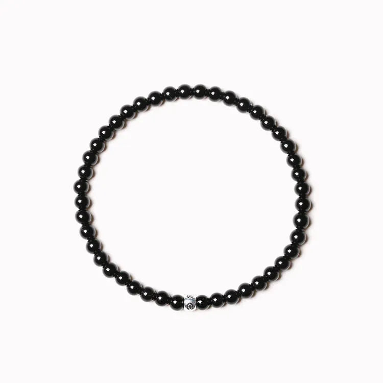 Geometric agate bracelet with obsidian, blue san, and black agate 4mm beads in electroplated finish
