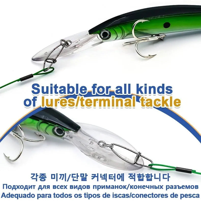 Steel wire fishing double buckle pin accessories in green, black, and red colours