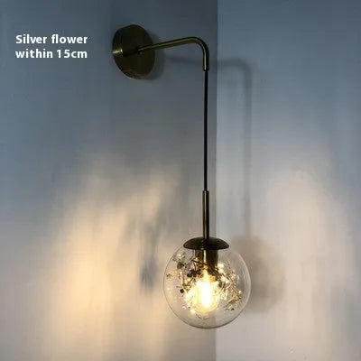 Glass bedside wall lamp in golden flower or silver flower finish, 15cm or 20cm size
