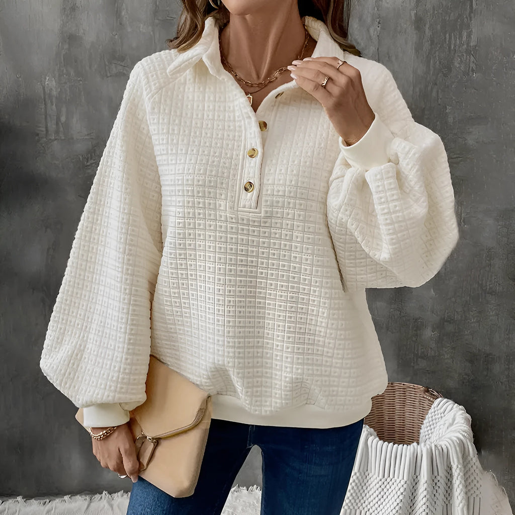 Women's polo collar sweater in milky white thickened polyester knit