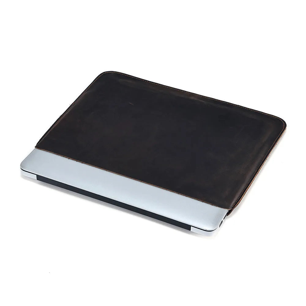 Brown genuine leather computer bag with horizontal design and cowhide lining