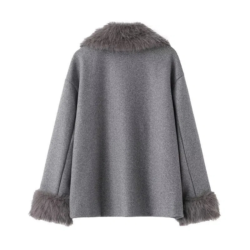 Women's grey mid-length hooded belted wool cape coat with raccoon fur collar and pockets