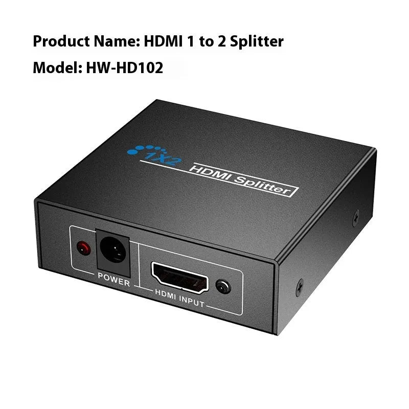 4K HDMI 1x2 splitter device with multiple power plugs including US and EU standards