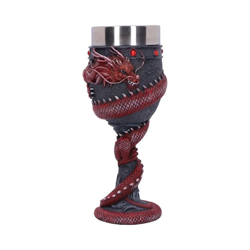 Gold and red Chinese dragon design wine glass with stainless steel stem and 200ml capacity