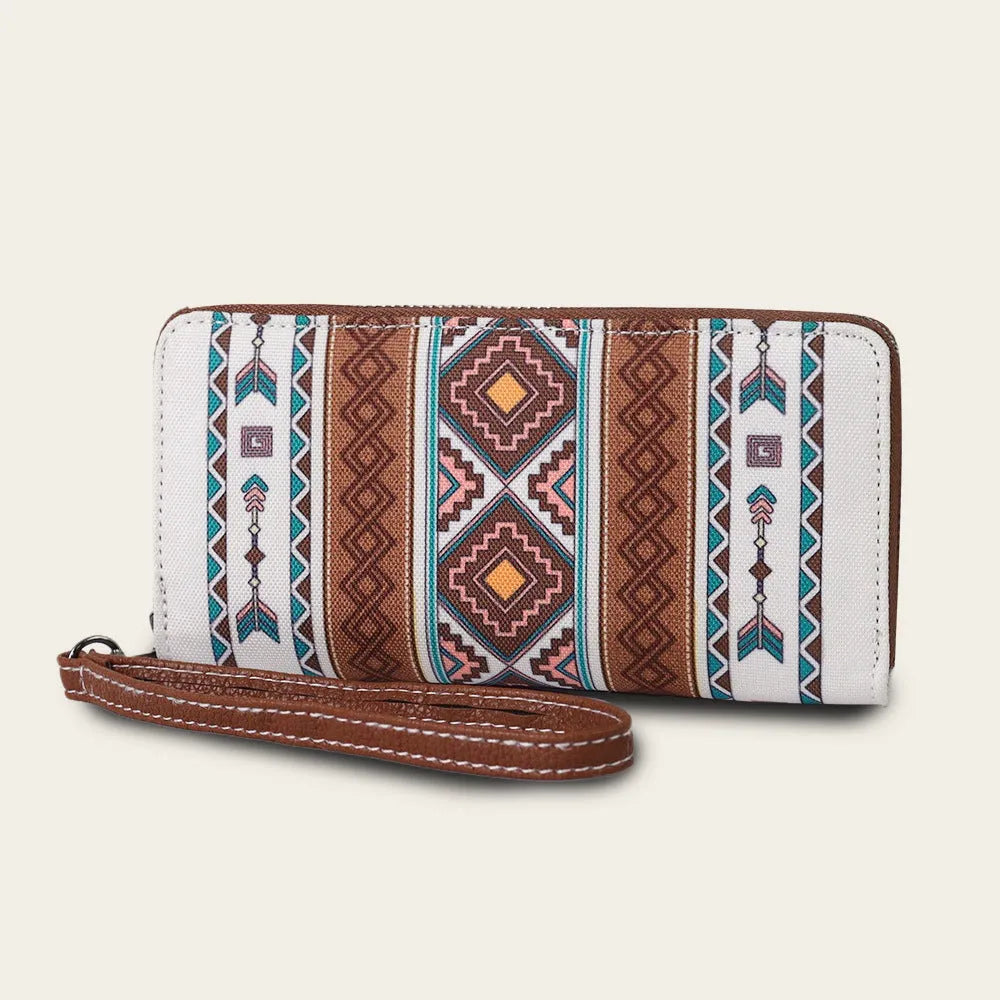 Bohemian striped canvas RFID wallet in beige colour showing card slots and wind belt design