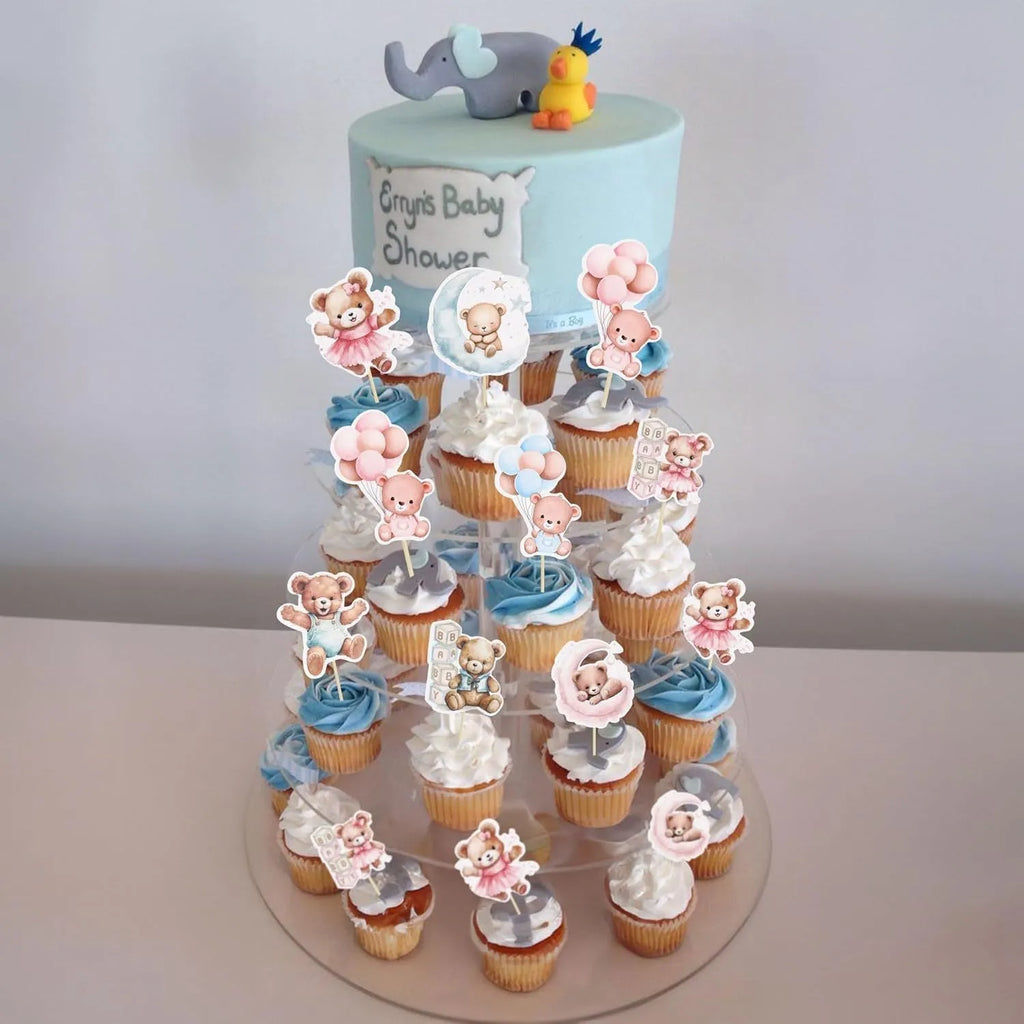 Baby bear paper cake decoration card inserts in pink and blue with stick finish, 12 pieces
