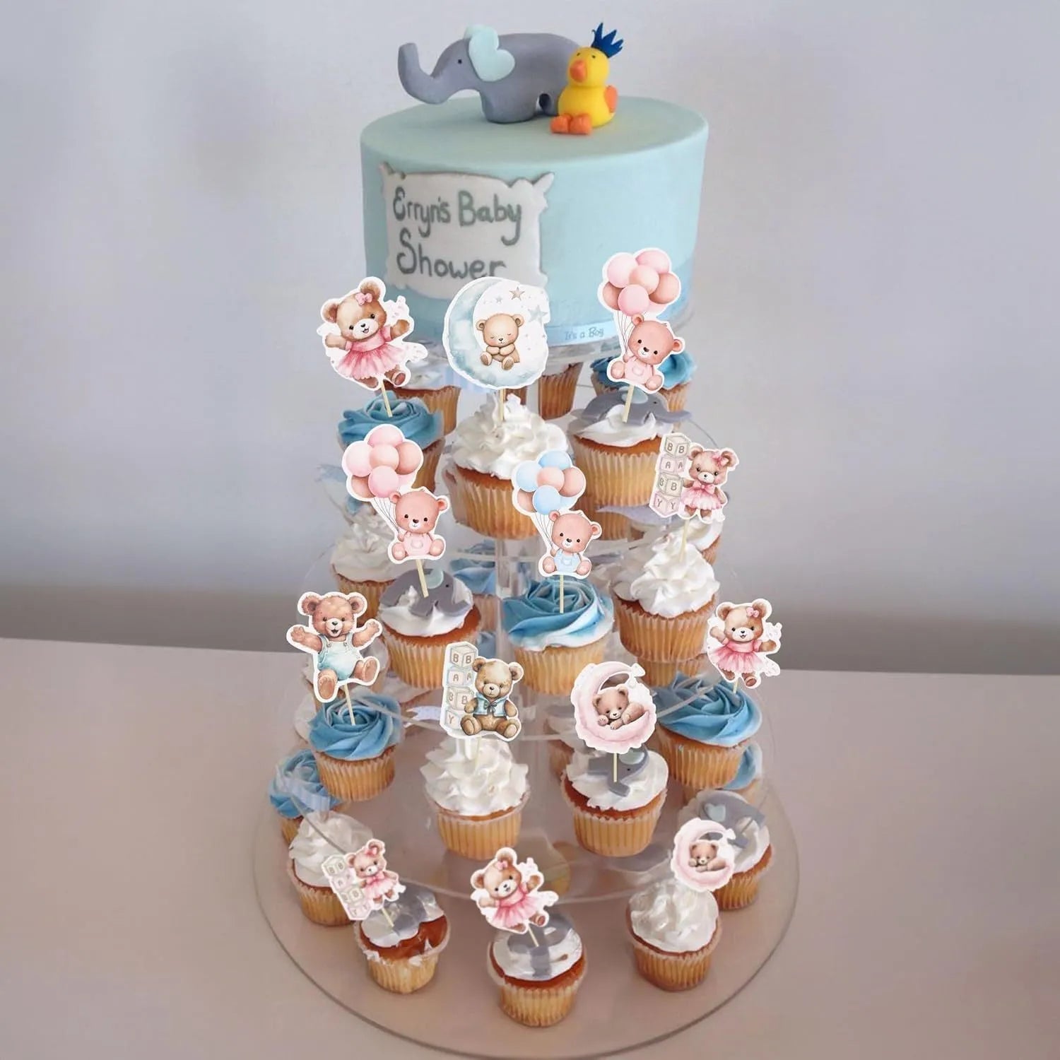 Baby bear paper cake decoration card inserts in pink and blue with stick finish, 12 pieces