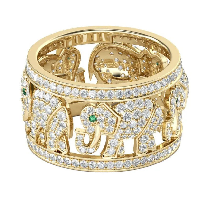 Alloy elephant motif ring with full diamond pattern on band in silver colour