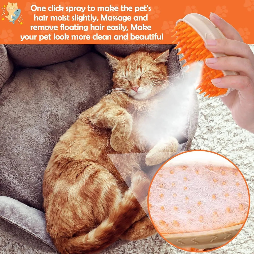 Yellow cat steam brush with 4-in-1 functions including vibration massage and ringworm detector