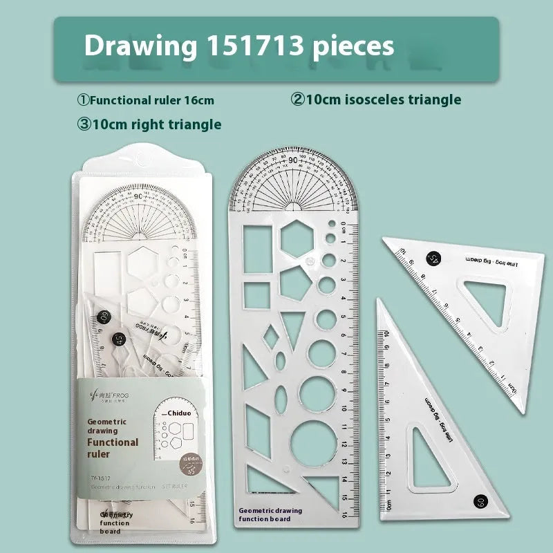 Youpai transparent acrylic drawing ruler set with square protractor on a technical drawing.