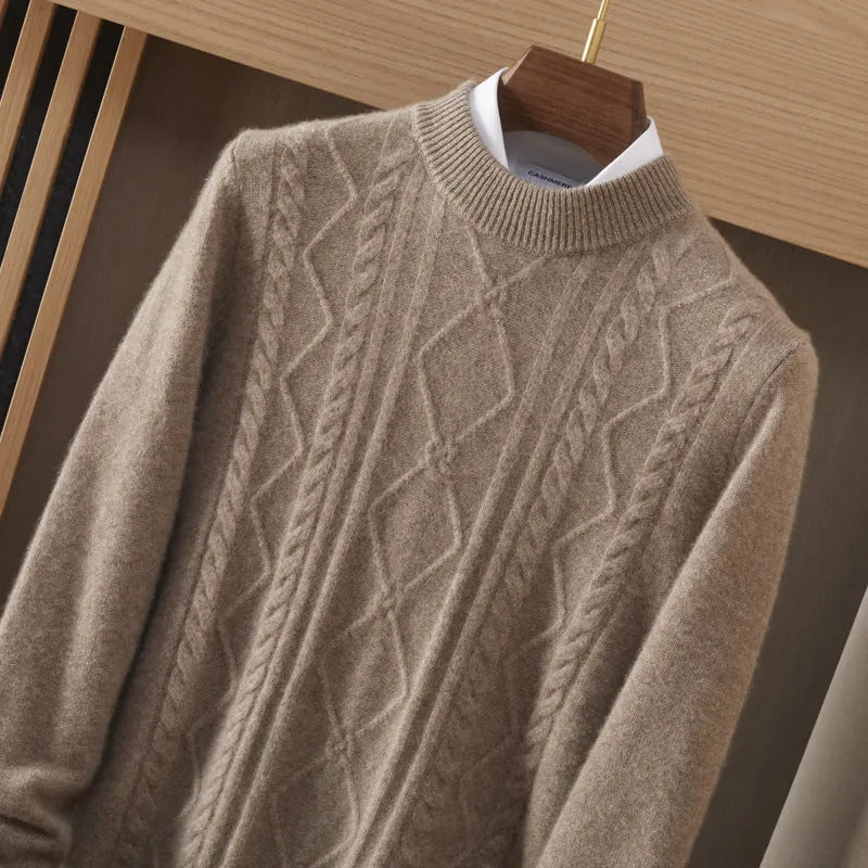 Men's semi-high diamond twisted wool pullover in wine red, loose fit, long sleeve, autumn casual wear