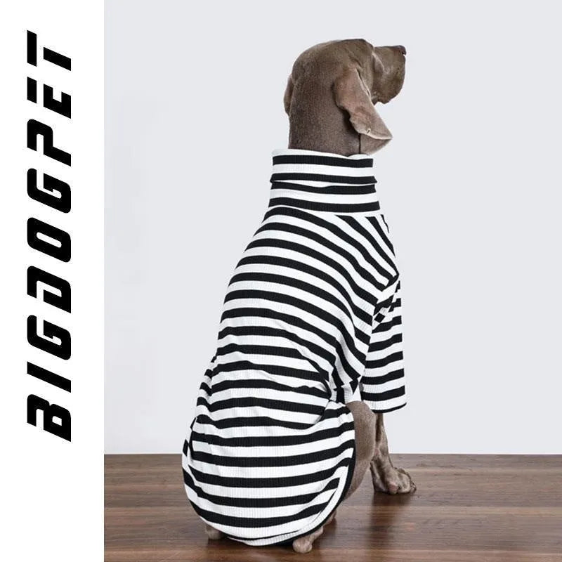 Thin black and white polyester dog clothing for large breeds showing size options