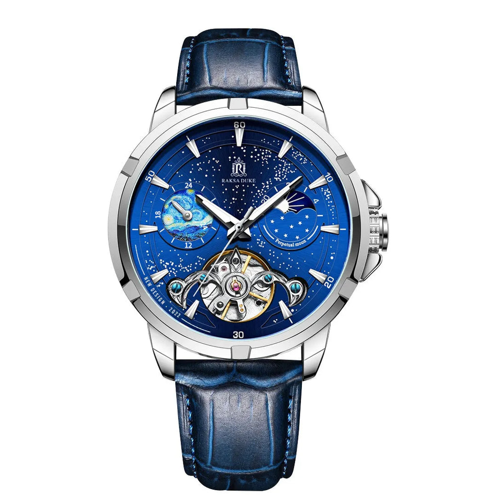 Men's blue dial automatic mechanical watch with stainless steel bracelet showing side profile with 14mm thickness