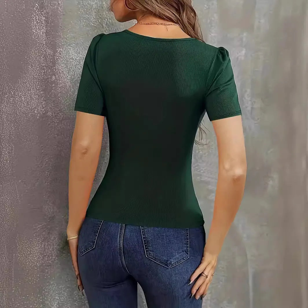Women's slim fit knitted short sleeve top in wine red with low neckline