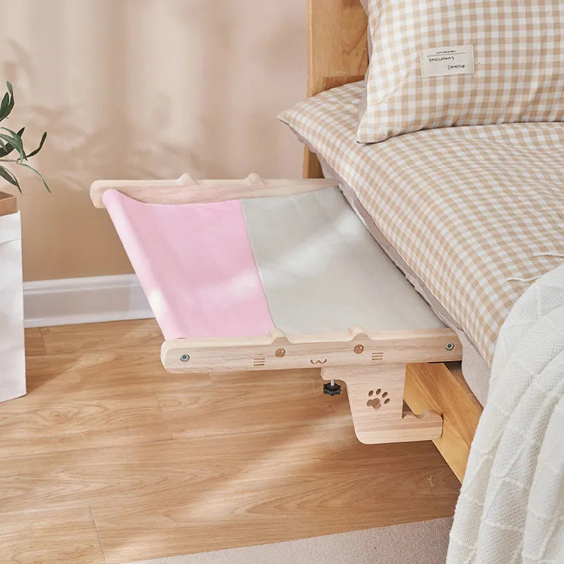 Wooden cat hanging bed hammock showing seven different style installation options