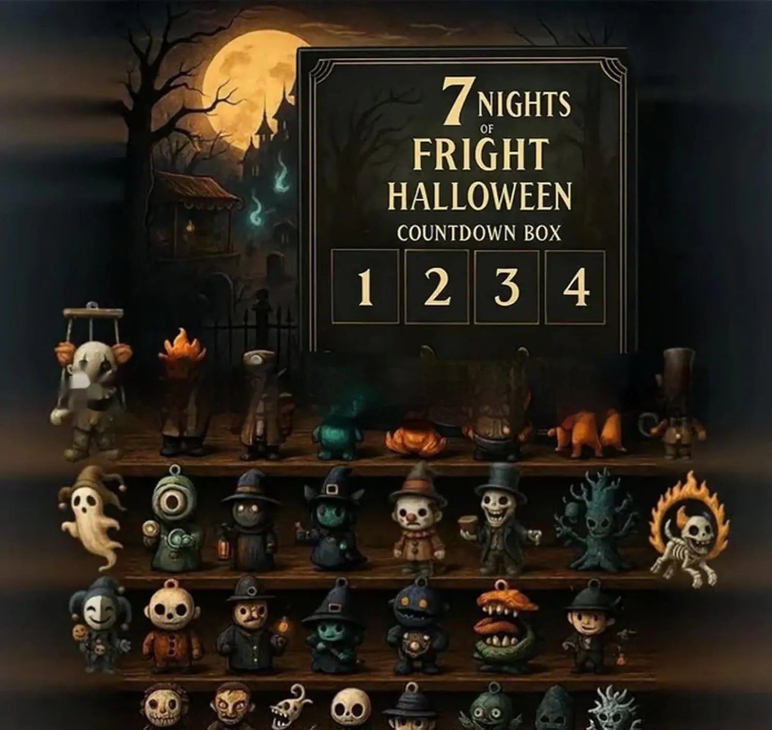 Halloween horror doll advent calendar countdown box in plastic and resin.