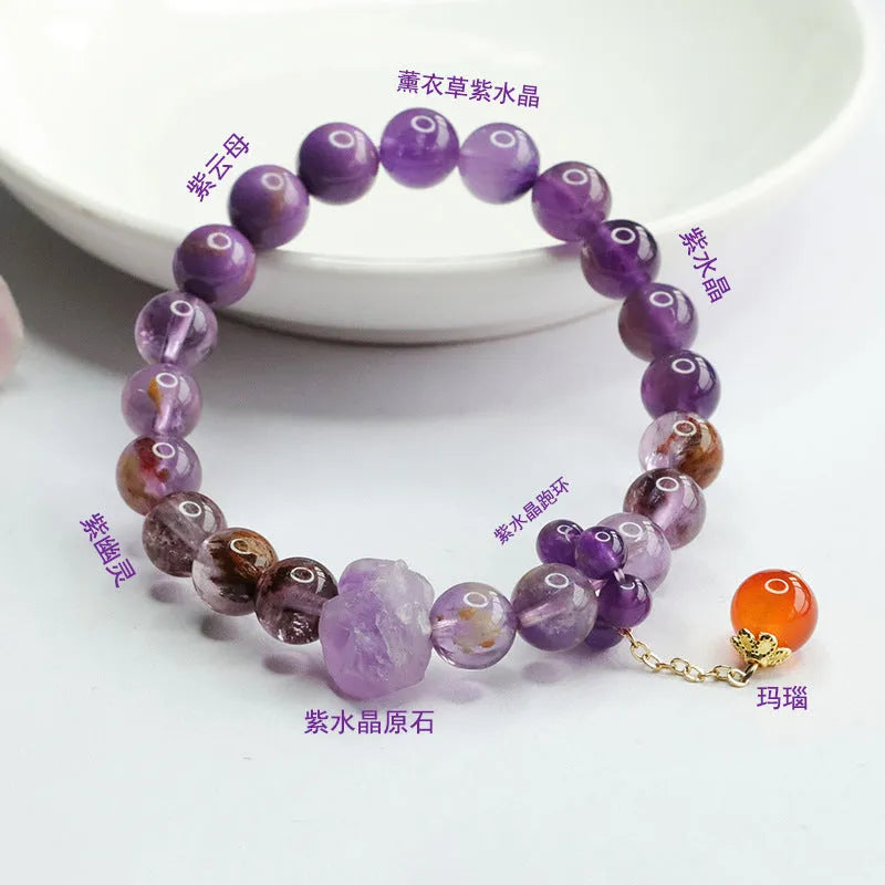 Purple amethyst crystal bracelet with red agate stones measuring 8mm beads