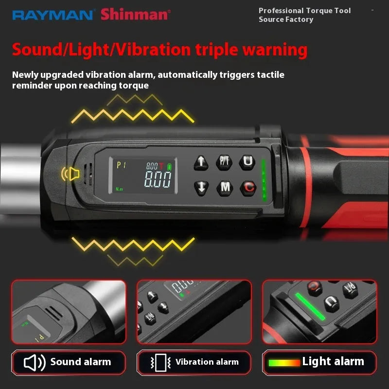 Electronic digital display torque wrench with triple alert system showing sound, light, and vibration warnings