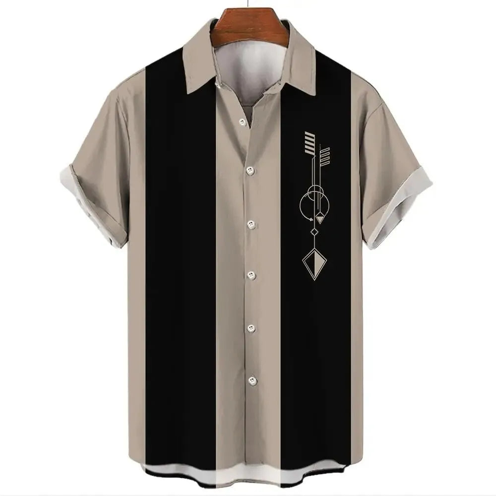 Men's striped Hawaiian short-sleeve shirt with button front and elastic band fabric