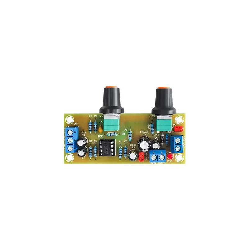 Single power supply 10-24V super dynamic bass boost front stage audio circuit board on a green FR-4 PCB.