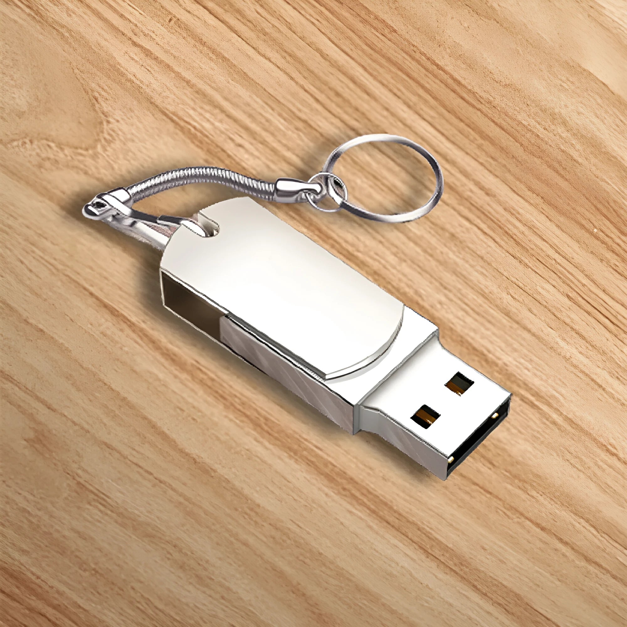 Small white metal USB flash drive with rotating mechanism showing compact 34mm design