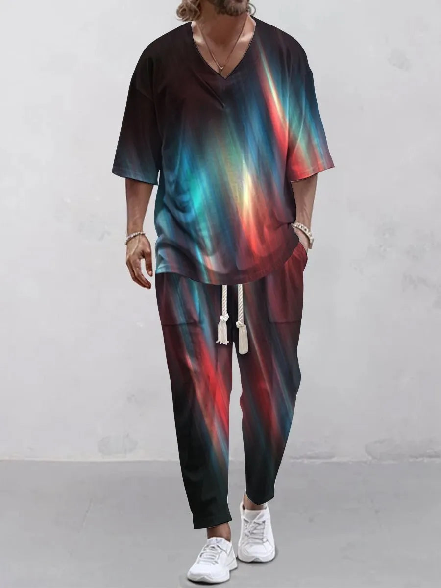 Men's cropped sleeve V-neck polyester suit in two-piece set with trousers