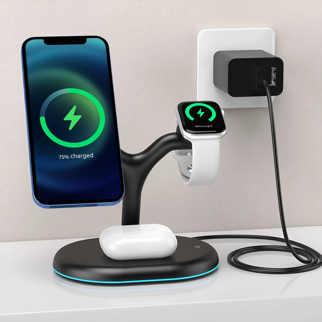 Black ABS magnetic wireless charger with three-in-one design for mobile devices