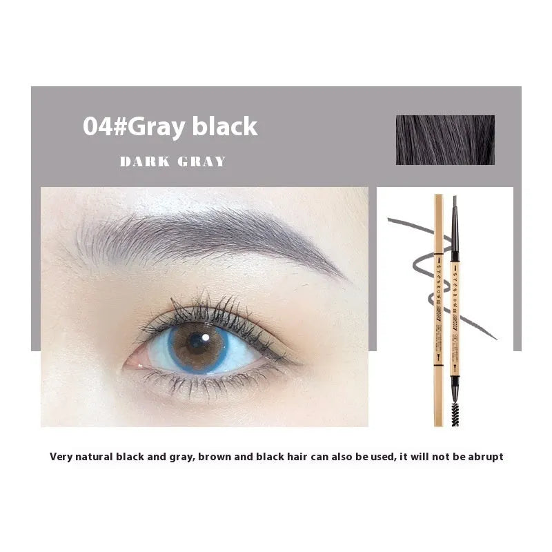 Small Gold ultra-fine tip eyebrow pencil in five colour shades: light brown, kaki brown, dark brown, grey black, and black.