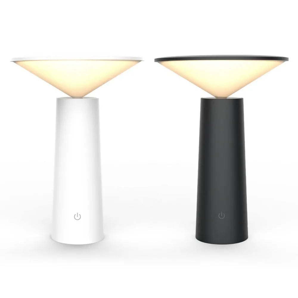 Black USB LED table lamp with touch controls and adjustable 40-degree lamp head on wooden surface