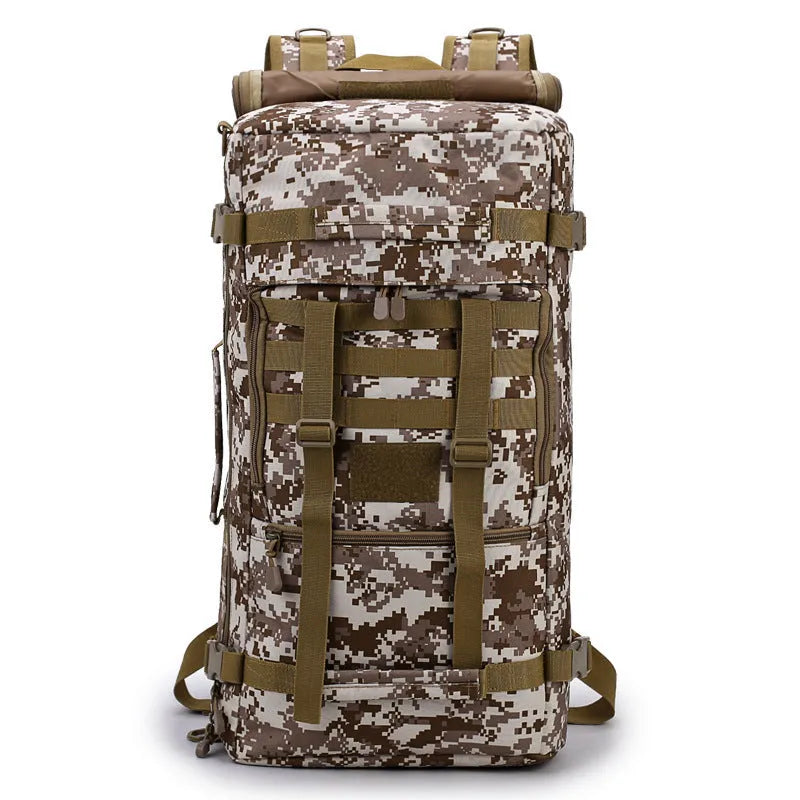 60 litre camouflage tactical backpack made from waterproof nylon with double shoulder straps, outdoor use.