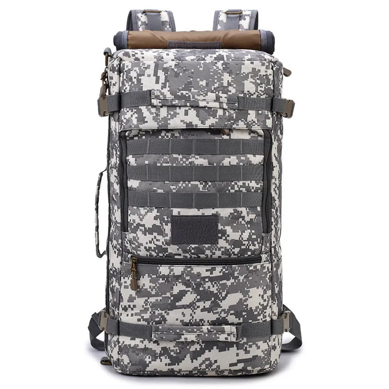 60 litre camouflage tactical backpack made from waterproof nylon with double shoulder straps, outdoor use.