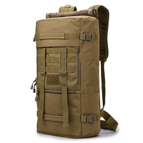 60 litre camouflage tactical backpack made from waterproof nylon with double shoulder straps, outdoor use.