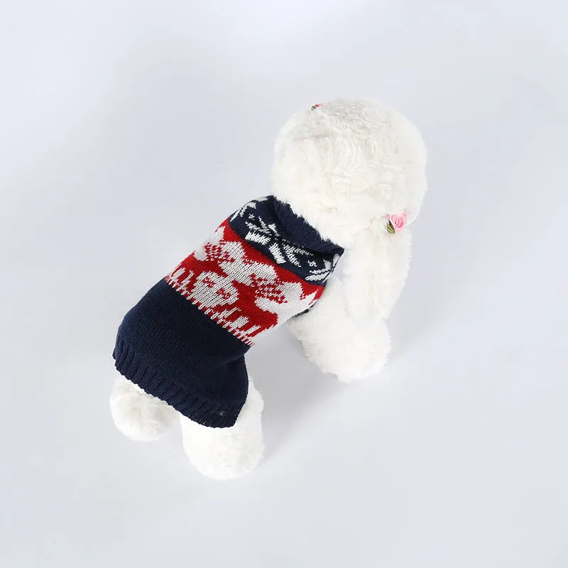 Navy blue Christmas dog sweater knitted from acrylic fabric, showing personalised holiday design for pet wear.