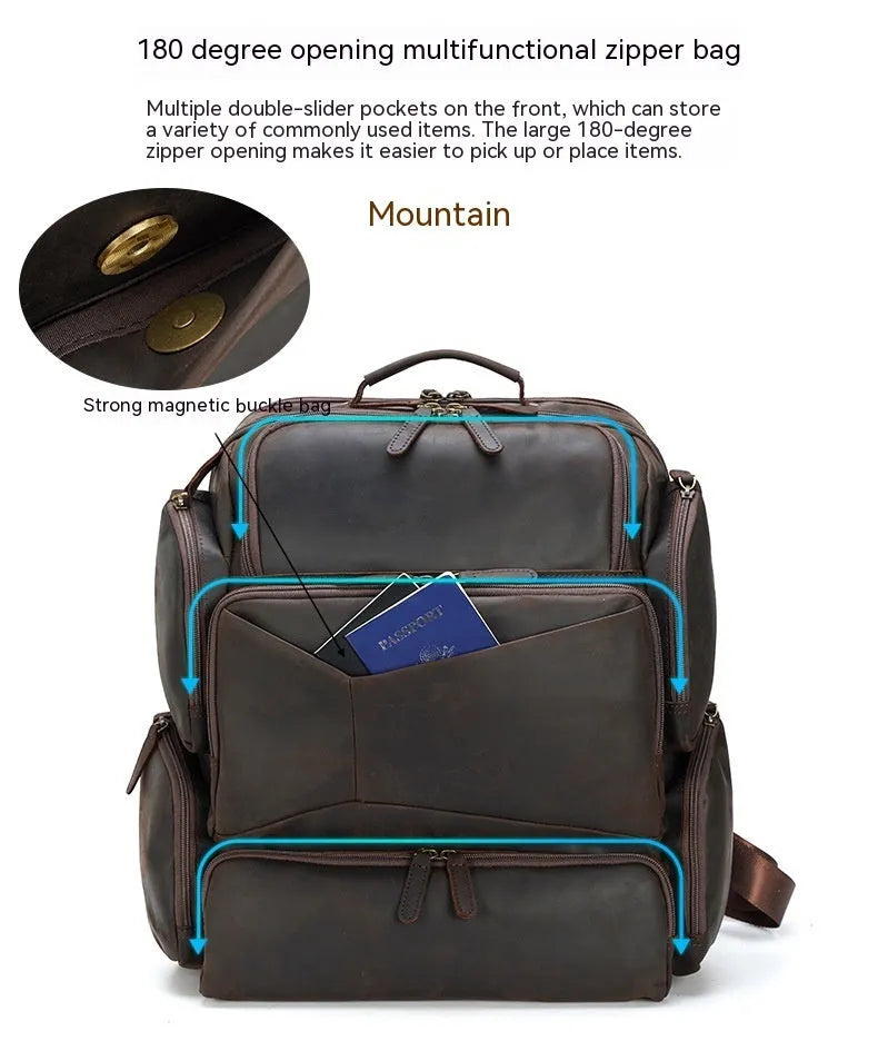 Dark brown retro crazy horse leather men's backpack open to show 17-inch laptop compartment and internal pockets.