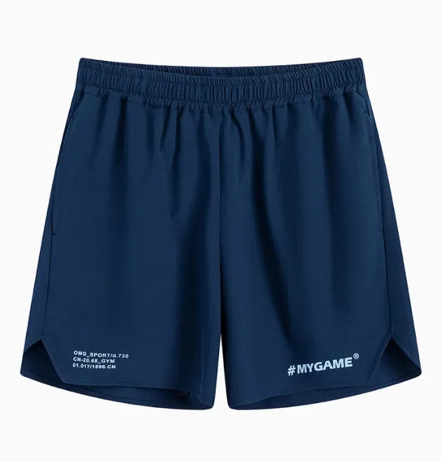 Men's grey quick-dry fitness training shorts made from polyester and spandex fabric.