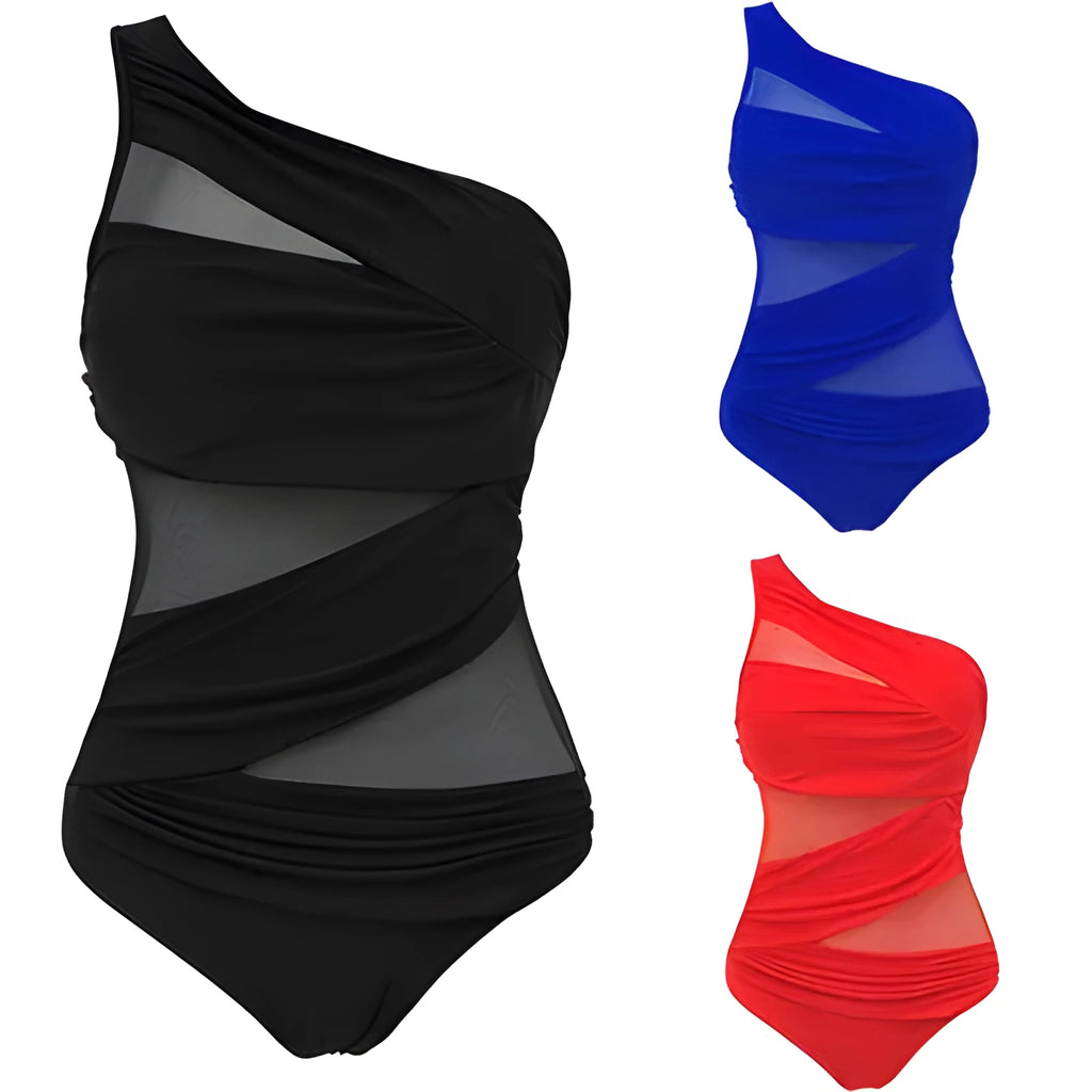 Women's plus size one-piece swimsuit in black solid colour with chest pads nylon fabric