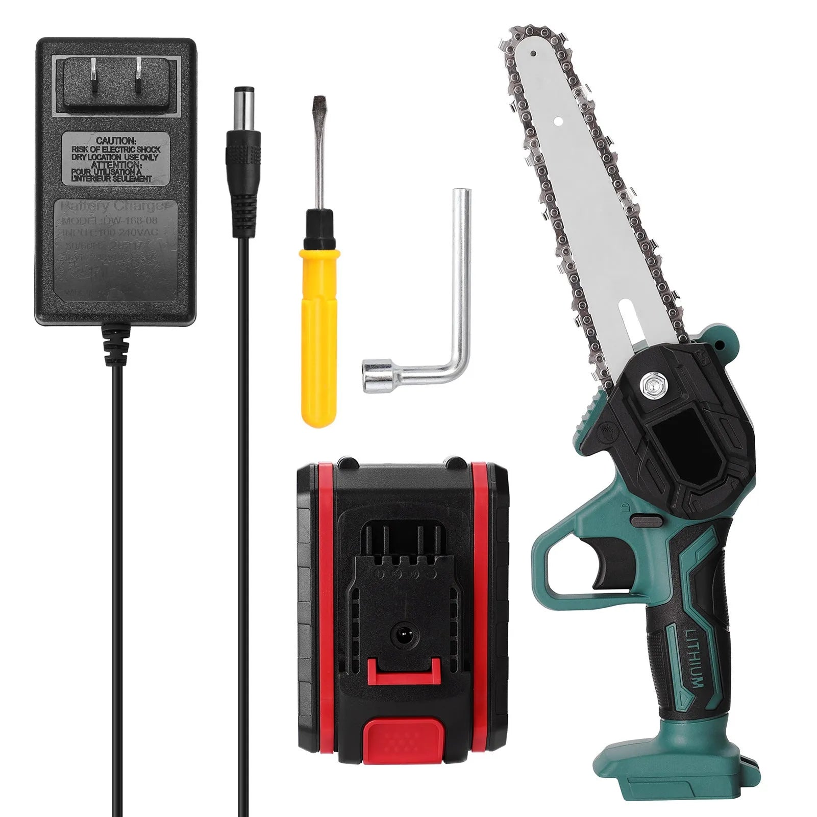 Black mini electric chainsaw with green accents, showing compact one-hand design and 4-inch cutting bar