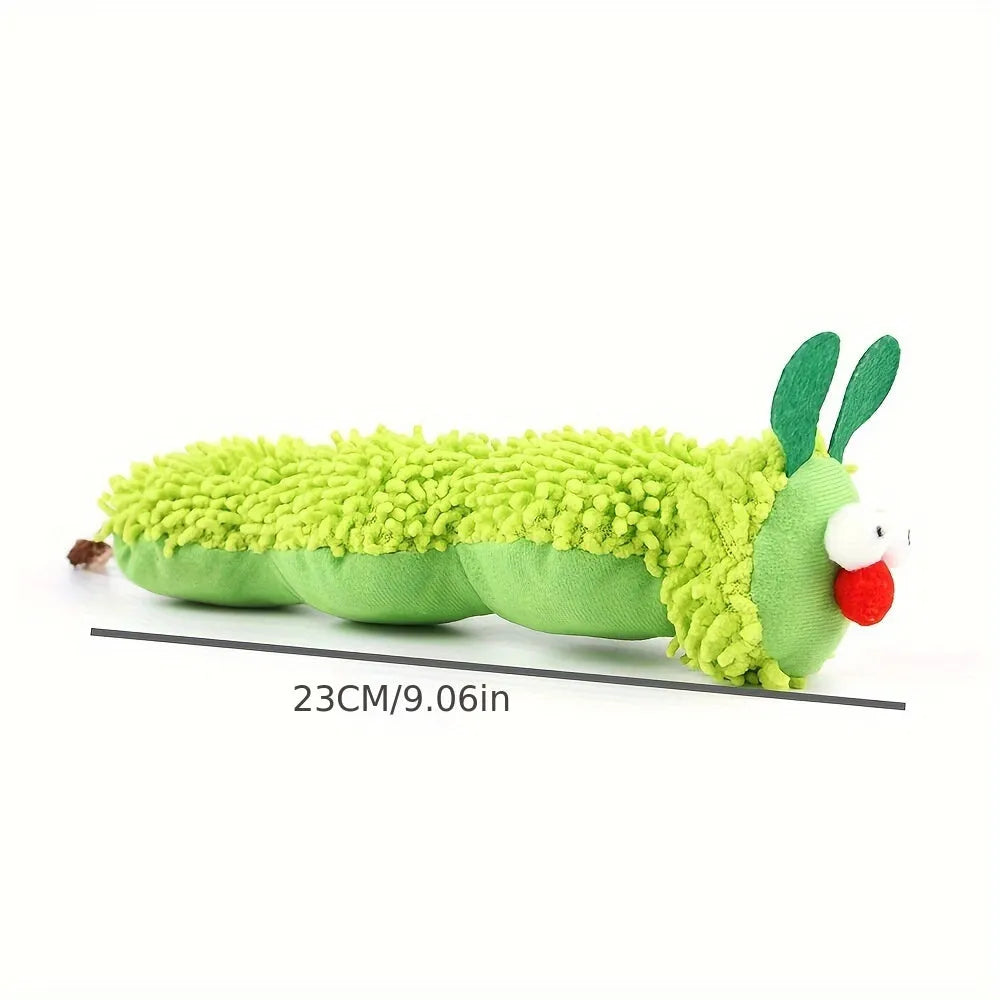 Green rechargeable electronic plush cat toy pillow measuring 24cm long