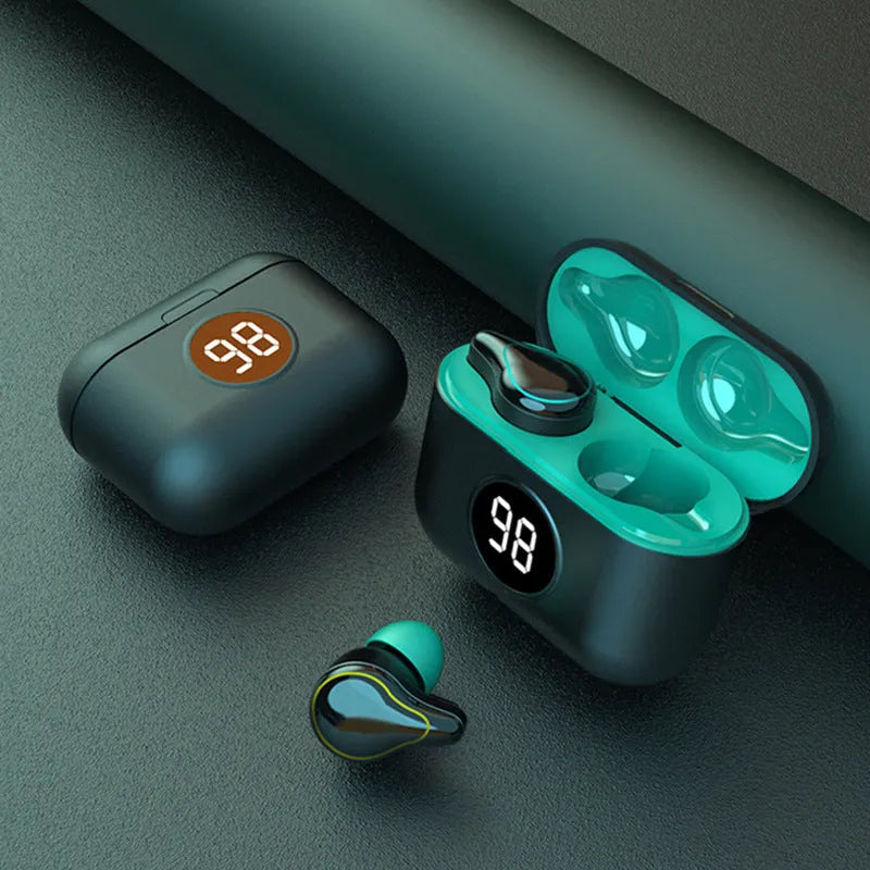 Black and blue in-ear Bluetooth headset with earplug-style earpieces shown separately.