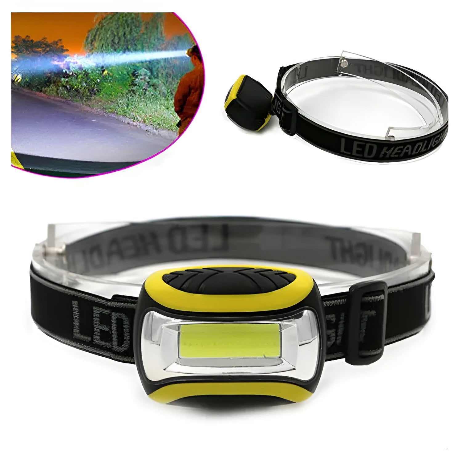 Yellow plastic headlamp with adjustable strap and COB light lens for outdoor use.
