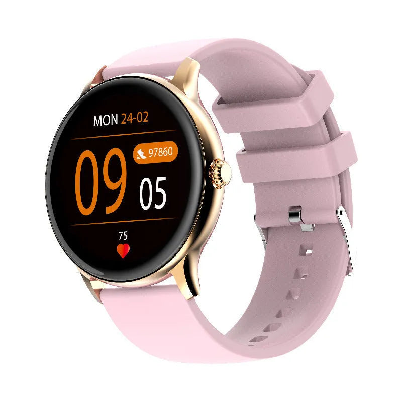 Blood pressure monitoring smartwatch with circular touchscreen display and silicone wristband