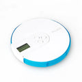 Blue 7-compartment electronic alarm clock pill dispenser showing timer display and separate lids.