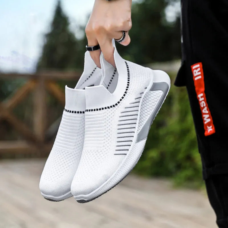 Men's mesh sock shoes with Flyknit upper and striped design in black, black white, and white colour options