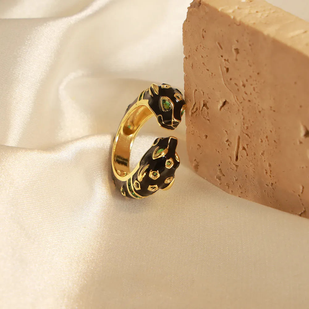 Black cheetah pattern geometric open copper ring for women size no. 7