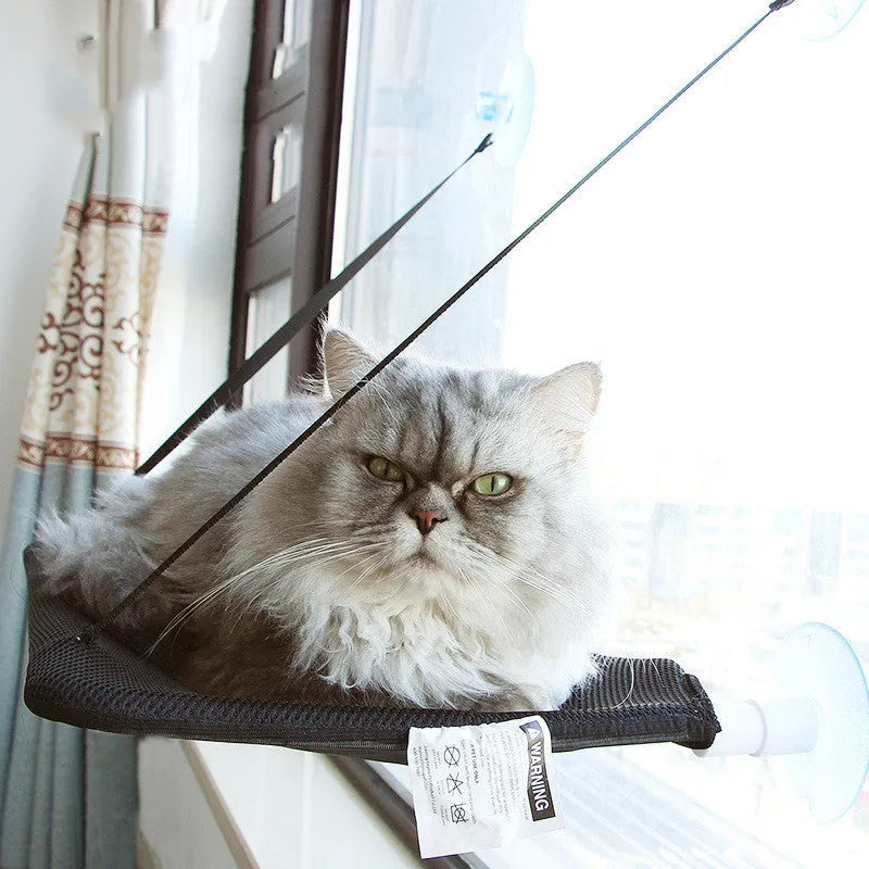 Black Sun Cat Hammock pet hanging bed suction cup mounted on a window