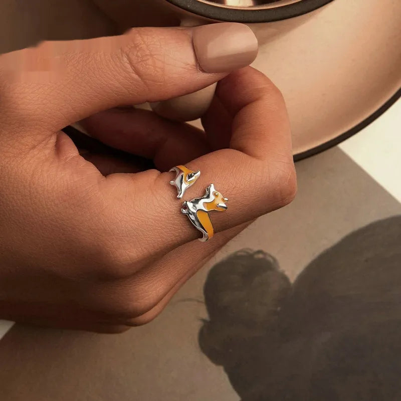 Silver electroplated corgi pet ring with adjustable band and cartoon animal design