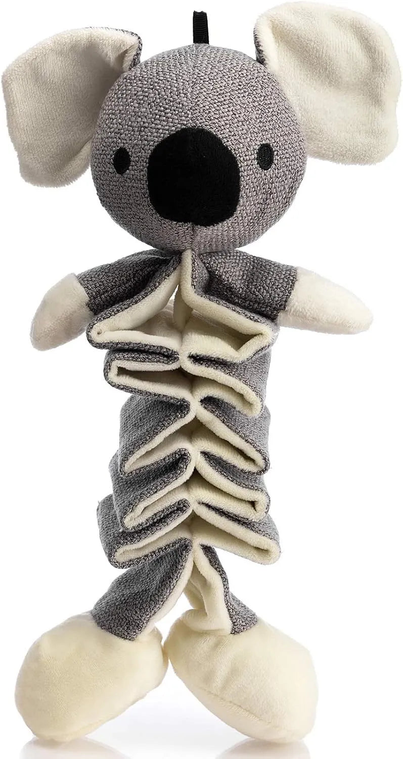 Grey koala plush dog toy measuring 30cm long with visible stitching and soft limbs.