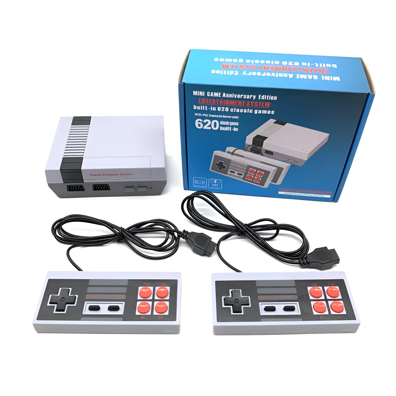 Retro NES game console with two controllers on television stand